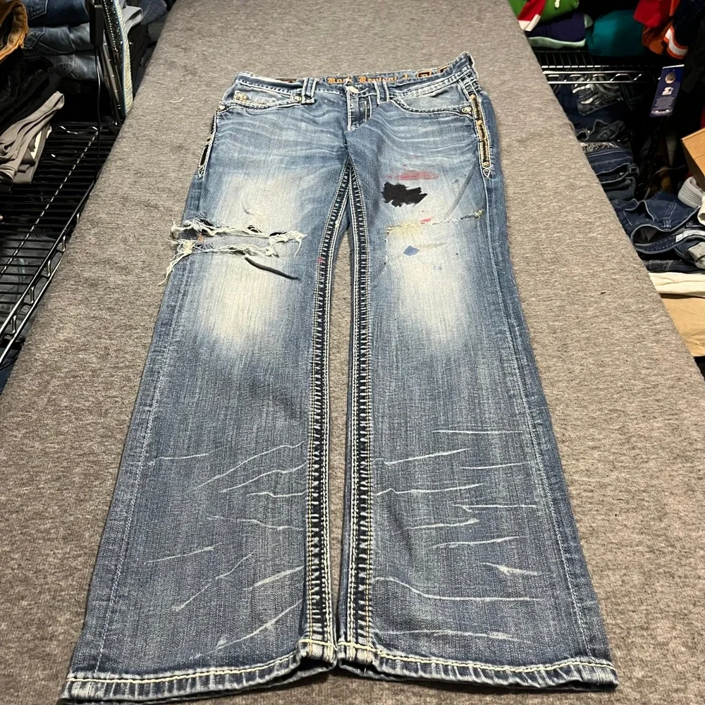 Rock Revival Edwin Straight Jeans Mens 32x33 Thrashed Distressed Y2K Repaired
